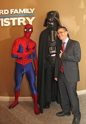 Bradford Family Dentistry Dr. Chai with Spider-Man and Darth Vader