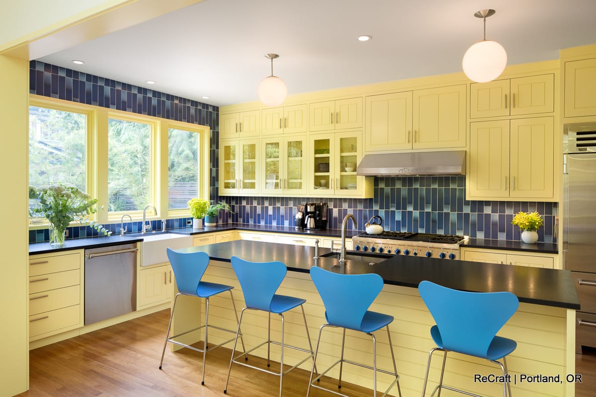 bright yellow and blue portland kitchen remodel