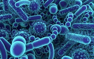 A close up of blue bacteria showcasing how dental care helps protect the respiratory system.