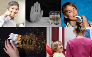 A collection of images depicting people smoking, highlighting the risks and prevention methods for oral cancer.