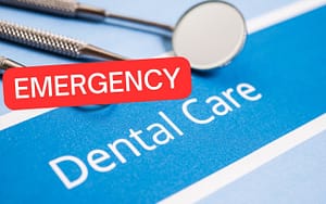 An emergency dental care sign with mouthguards in sports.