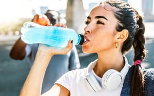 A woman consuming a bottle of water while enjoying music and considering the impact of energy drinks on teeth.