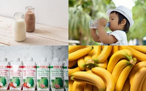 A collage of pictures showing a baby drinking milk and bananas, highlighting the effects of sports drinks on teeth.